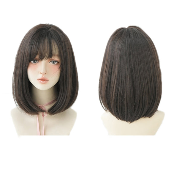 Women Medium Length Natural Realistic Full Shoulder Length Wig(Black Tea Color 36cm)