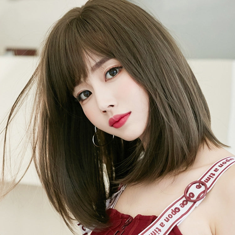 Women Medium Length Natural Realistic Full Shoulder Length Wig(Black Tea Color 36cm)