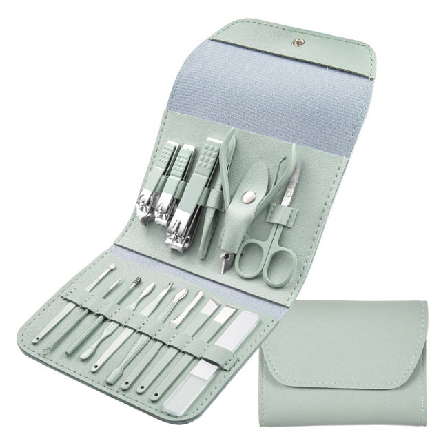 Nail Art Tool Set Nail Clippers Dead Skin Scissors Manicure Tool, Specification: 16 In 1 Matcha Green