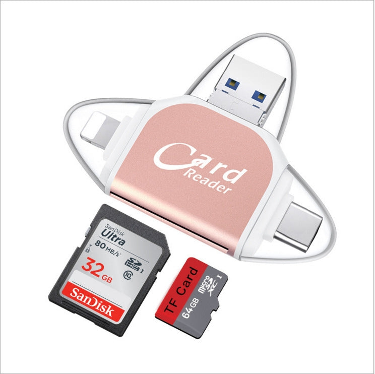 R015 USB2.0 & Micro USB+8Pin+Type-C 4 In 1 Card Reader Supports SD/TF Card(Rose Gold) - free shipping - PMC Jewellery - Order now!