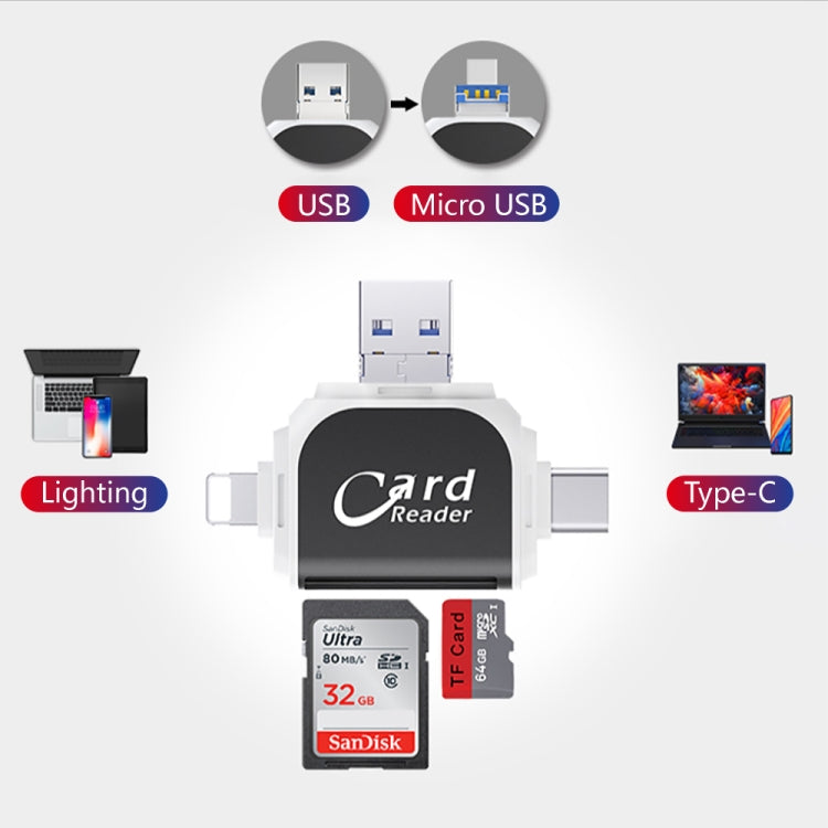 R015 USB2.0 & Micro USB+8Pin+Type-C 4 In 1 Card Reader Supports SD/TF Card(Rose Gold)