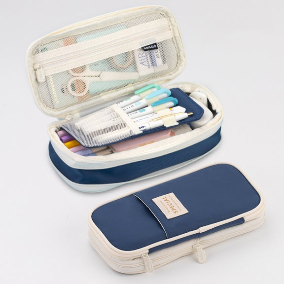 Angoo Macaron Double-layer Retractable Large-capacity Pencil Case Stationery Box(Dark Blue)