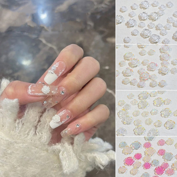 SP0473 30Pcs/Pack 3D Camellia Nail Art Decorative Rhinestones(Silver White)