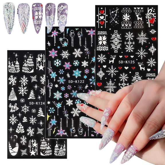 3 PCS 5D Embossed Nail Stickers Christmas Snowflake Elk Nail Stickers(5D-K121)