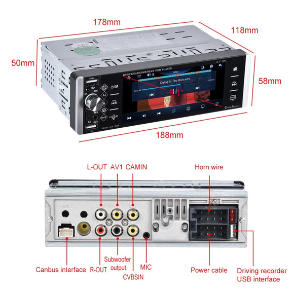 A2905 5.1 inch IPS Capacitive Screen Single Butt Carplay Player, Style: Standard+8 Light Camera