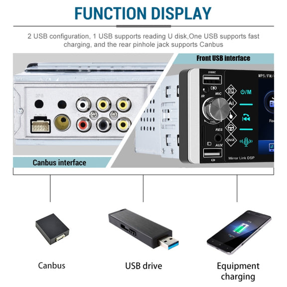 A2905 5.1 inch IPS Capacitive Screen Single Butt Carplay Player, Style: Standard+8 Light Camera