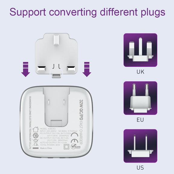 LDNIO A3513Q 32W QC3.0 3 USB Ports Phone Adapter EU Plug with Type C to 8 Pin Cable