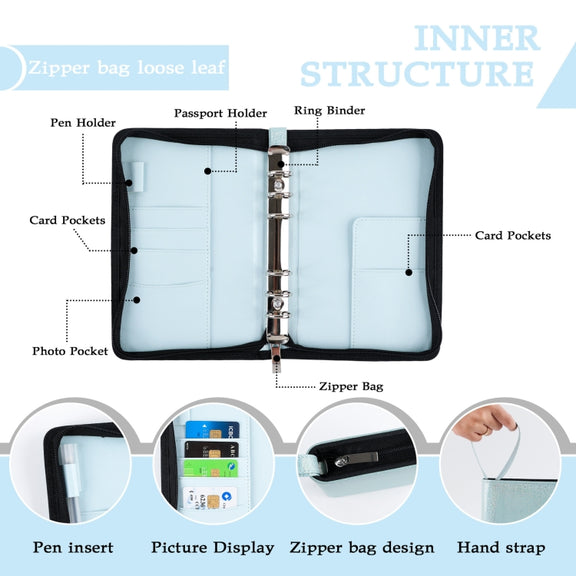 A6 Handheld Zipper Bag Type Large Capacity Cash Budget Book Handbook(Blue)