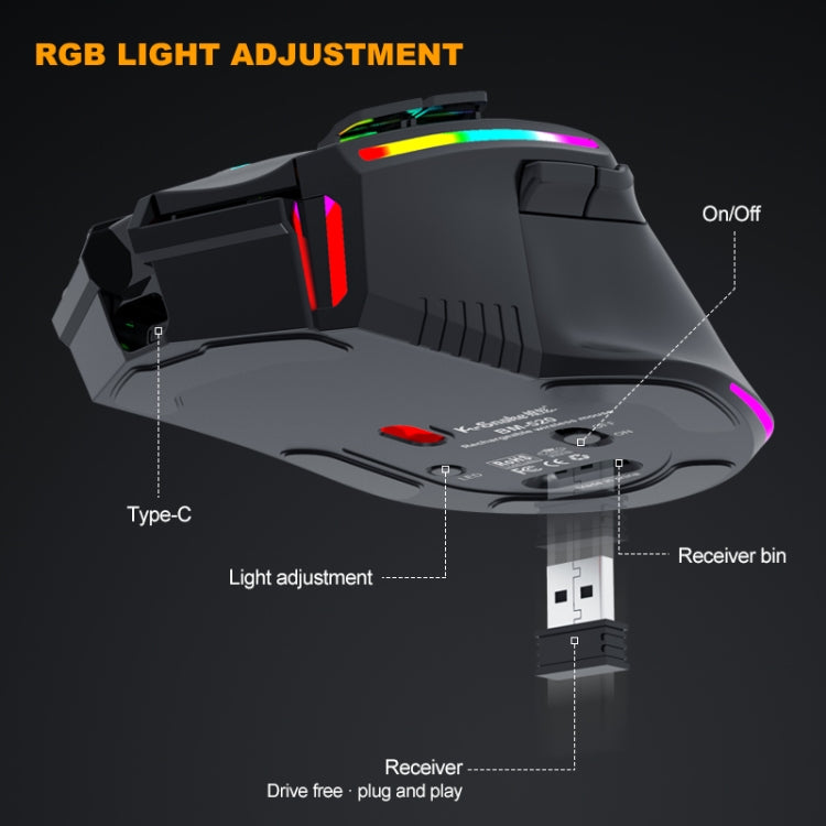 K-Snake BM520  9-button 3200DPI 2.4G RGB Wireless Dual-mode Gaming Mouse(Black)