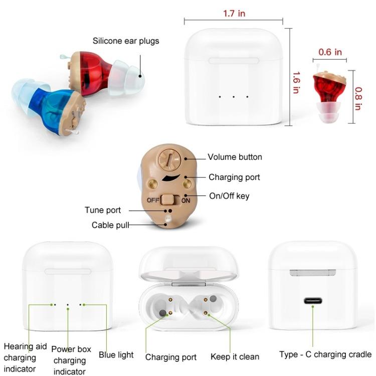 GM-915 Type-C Port CIC Hearing Aids Rechargeable Invisible Sound Amplifier(Red Blue)