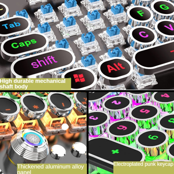 K820 104 Keys Retro Punk Plating Knob Glowing Wired Green Shaft Keyboard, Cable Length: 1.6m, Style: Running Lights (Black)