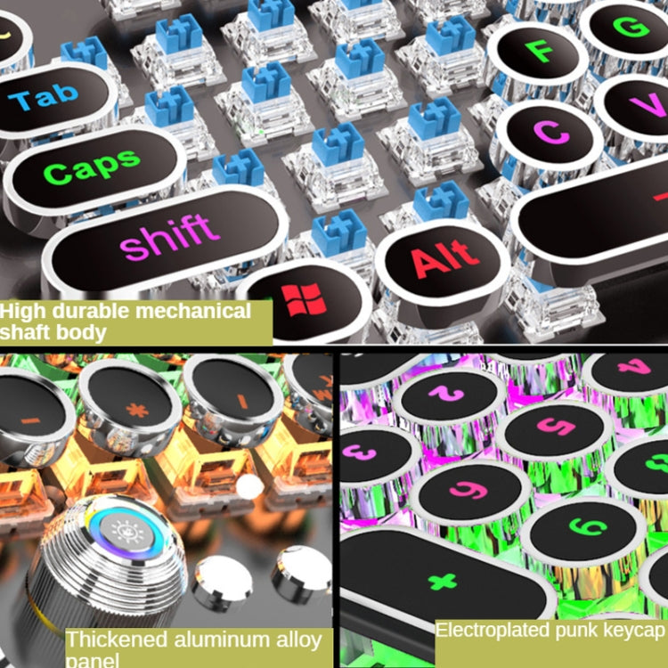 K820 104 Keys Retro Punk Plating Knob Glowing Wired Green Shaft Keyboard, Cable Length: 1.6m, Style: Running Lights (Black)
