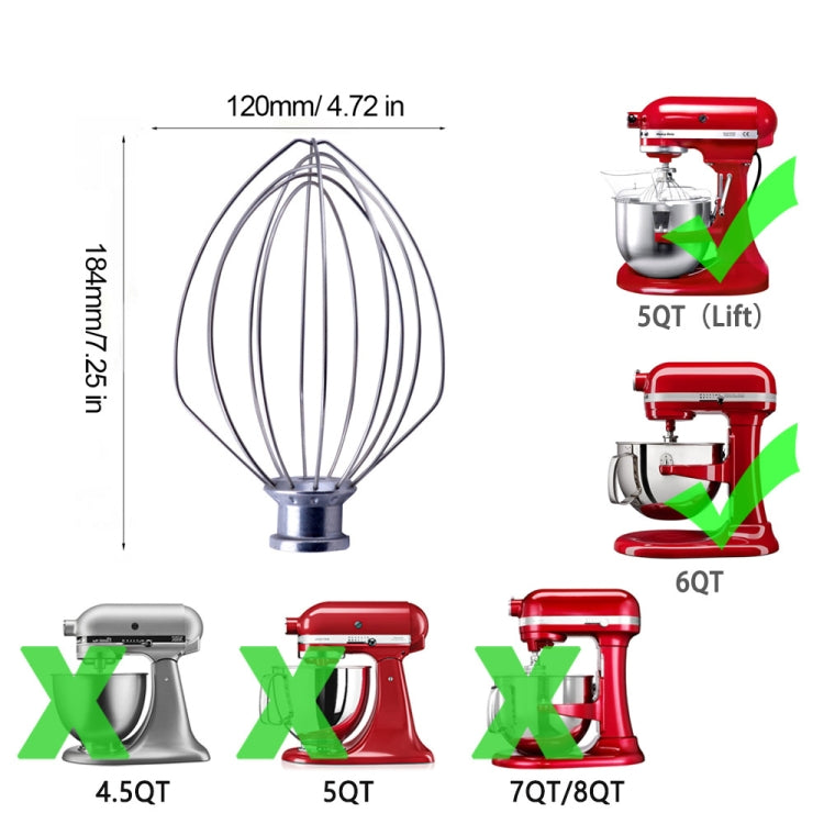 For KitchenAid Stand Mixer 6QT Whip Whisk  Stainless Steel Accessories - Kitchen Machine Accessories & Parts by PMC TechLife | Online Shopping South Africa | PMC TechLife