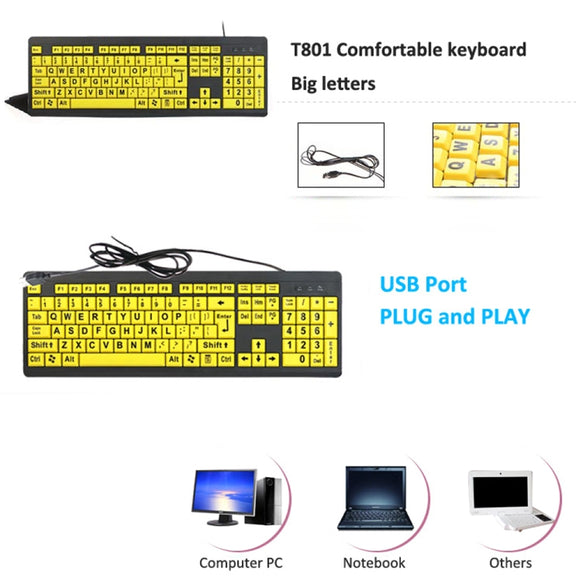 T801 104 Keys Special People Children Old Man Big Letters USB Wired Keyboard, Cable Length: 1.38m(Yellow)