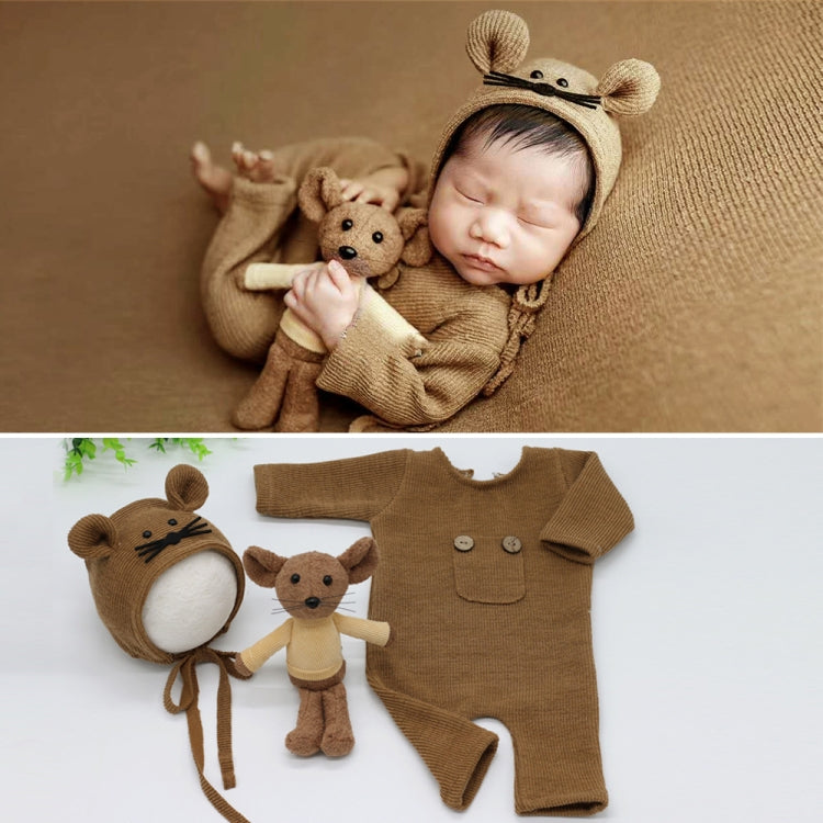 Newborn Photography Clothing Baby Knitted Jumpsuit + Hat + Mouse Doll Three-Piece Set(Brown) - Baby Photo Props by PMC TechLife | Online Shopping South Africa | PMC TechLife | Buy Now Pay Later Mobicred