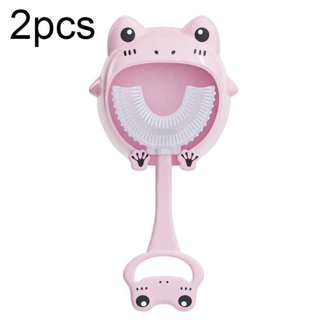 S8 2pcs Children Cartoon Animal Manual U-shaped Silicone Toothbrush for 2-12 Years Old(Pink Frog)