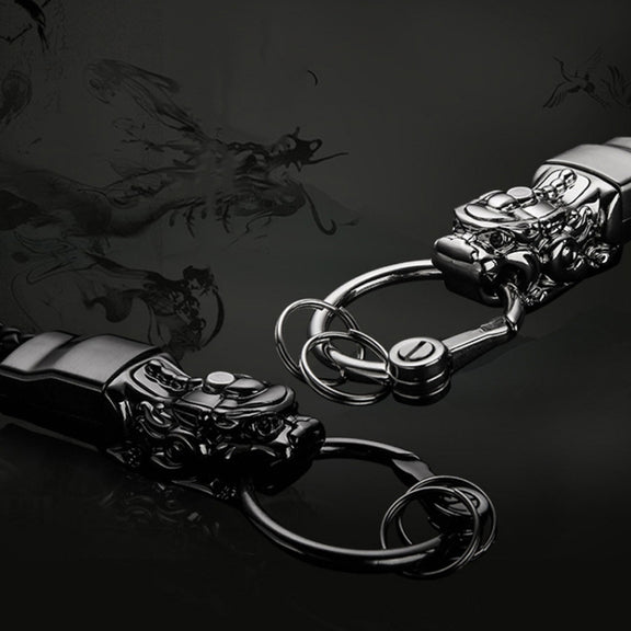 Braided Leather Rope Brave Troops Keychain With LED Light Metal Pendant(Golden+Orange Rope)