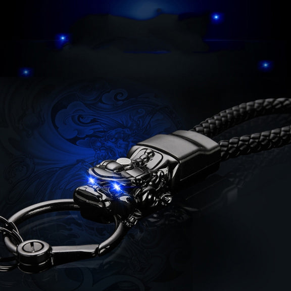 Braided Leather Rope Brave Troops Keychain With LED Light Metal Pendant(Golden+Orange Rope)
