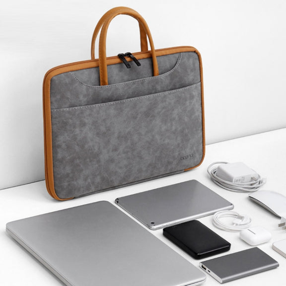 Baona Leather Fully Open Portable Water-resistant Computer Bag, Size: 14 inches(Gray Black)