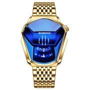 BINBOND Locomotive Concept Steel Belt Watch Men Live Black Technology Watch(Full Gold-Blue Face)