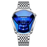 BINBOND Locomotive Concept Steel Belt Watch Men Live Black Technology Watch(White Steel Blue Face)