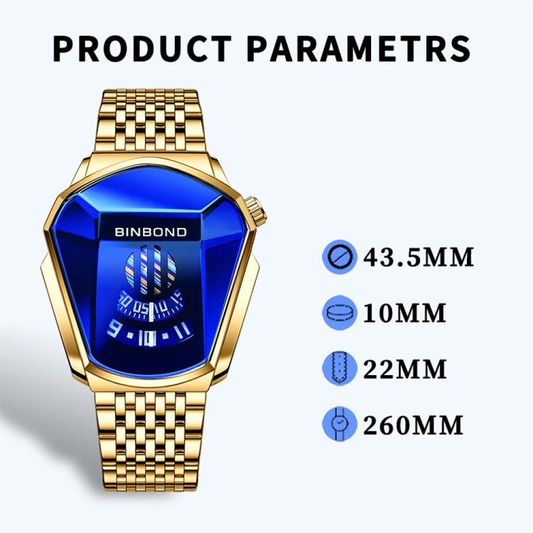 BINBOND Locomotive Concept Steel Belt Watch Men Live Black Technology Watch(Full Gold-Blue Face)