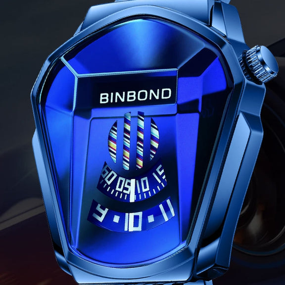 BINBOND Locomotive Concept Steel Belt Watch Men Live Black Technology Watch(Black Stee Blue Face)
