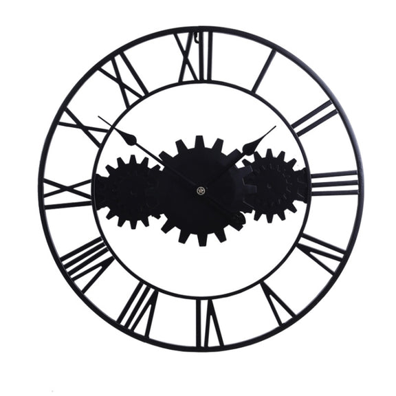 60cm Vintage Iron Round Gear Wall Clock Silent Large Art Clock(Silver+Silver Needle)