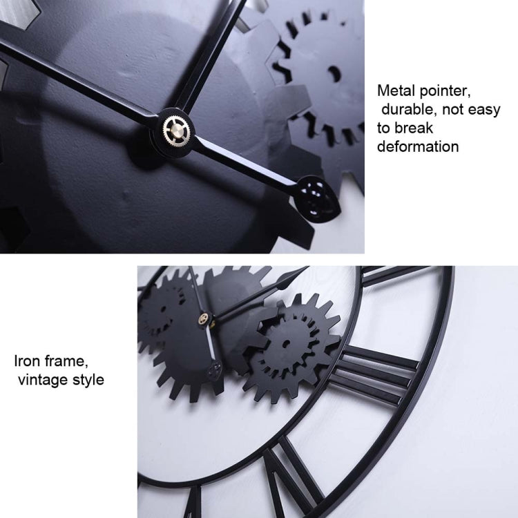 60cm Vintage Iron Round Gear Wall Clock Silent Large Art Clock(Black+Black Needle)