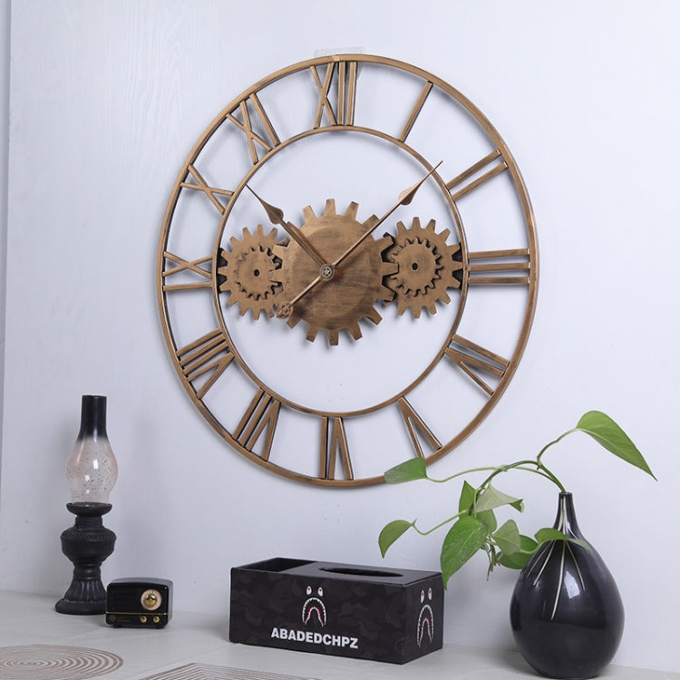 60cm Vintage Iron Round Gear Wall Clock Silent Large Art Clock(Black+Black Needle)