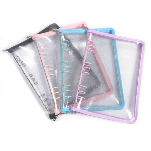 B5 9 Rings Loose-leaf Journal Clear PVC Cover Zipper Planner Notebook Without Inner Pages(Pink)