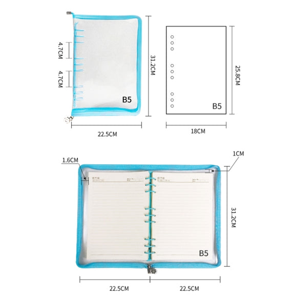 B5 9 Rings Loose-leaf Journal Clear PVC Cover Zipper Planner Notebook Without Inner Pages(Pink)