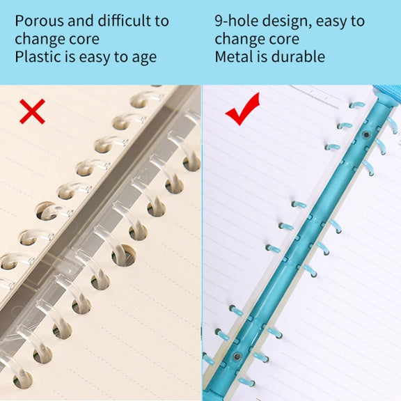 B5 9 Rings Loose-leaf Journal Clear PVC Cover Zipper Planner Notebook Without Inner Pages(Black)