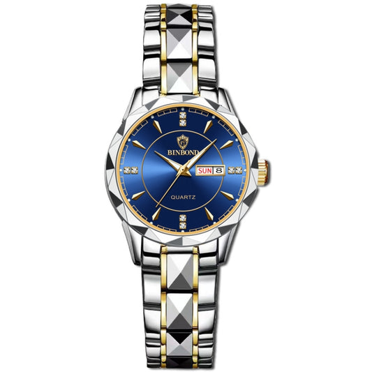 BINBOND B5552 Luminous Multifunctional Business Calendar Quartz Watch(Female-Inter-gold-Blue) - free shipping - PMC Jewellery - Order now!