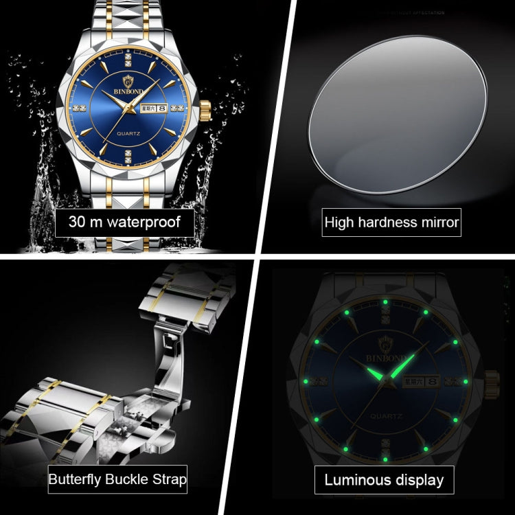 BINBOND B5552 Luminous Multifunctional Business Calendar Quartz Watch(Female-Inter-gold-White)