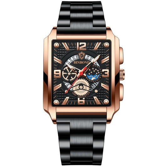 BINBOND B6575 Men Vintage Square Multifunctional Luminous Quartz Watch, Color: Black-Rose Gold-Black-Rose - free shipping - PMC Jewellery - Order now!