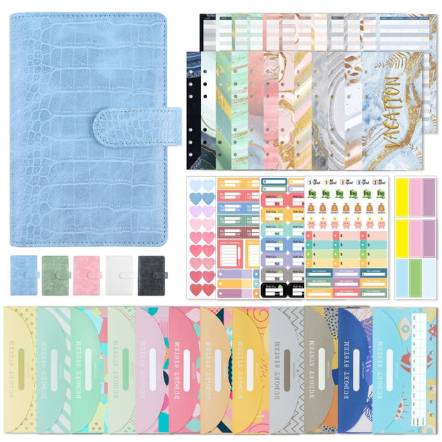 A6 Crocodile Pattern PU Leather Loose-Leaf Binder Budget Notebook Cash Envelope Organizer(Glaze Blue)
