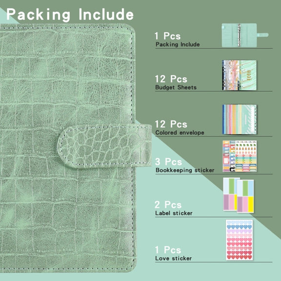 A6 Crocodile Pattern PU Leather Loose-Leaf Binder Budget Notebook Cash Envelope Organizer(Warm White)