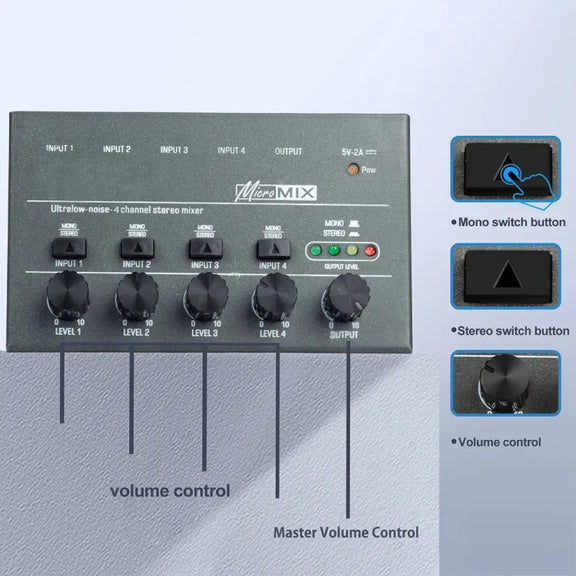 4 Way mixer With Single Channel Stereo Switching Mini Signal Hybrid Small Audio