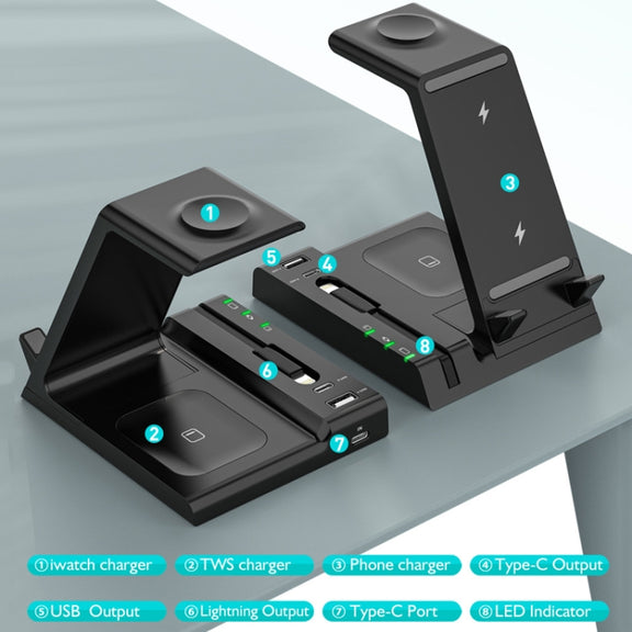 Z252 6-In-1 Wireless Charging Stand Dock With USB-C/Type-C Port & 8 Pin Charge Cable(White)