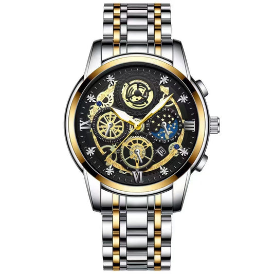 BINBOND 4010 Multifunctional Waterproof Hollowed Luminous Quartz Watch(Inter-gold Black Surface) - free shipping - PMC Jewellery - Order now!