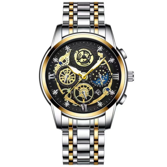BINBOND 4010 Multifunctional Water-resistant Hollowed Luminous Quartz Watch(Inter-gold Black Surface)