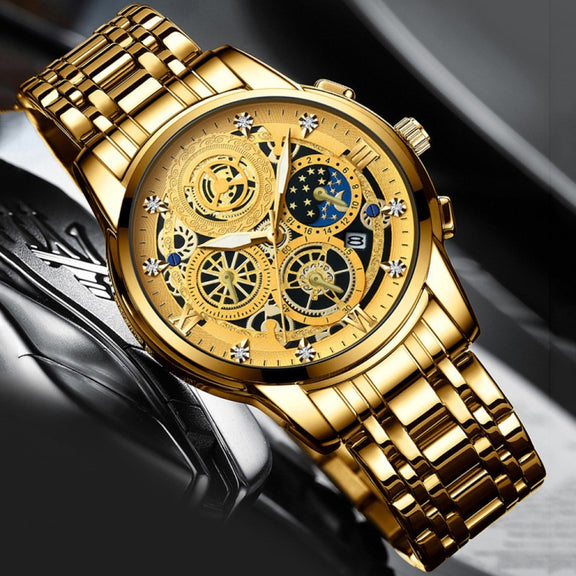 BINBOND 4010 Multifunctional Water-resistant Hollowed Luminous Quartz Watch(Inter-gold Black Surface)