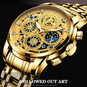 BINBOND 4010 Multifunctional Water-resistant Hollowed Luminous Quartz Watch(Inter-gold Black Surface)