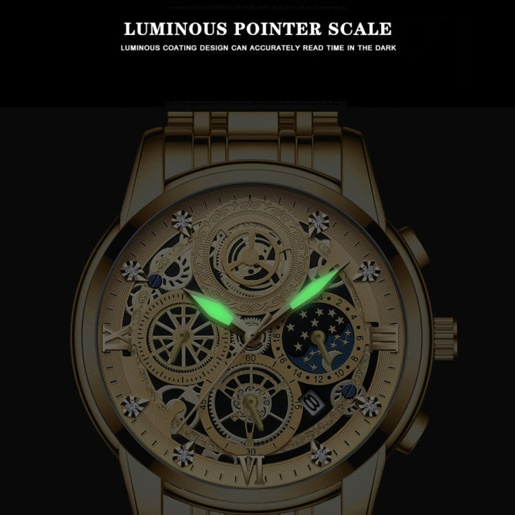 BINBOND 4010 Multifunctional Waterproof Hollowed Luminous Quartz Watch(Inter-gold Black Surface) - free shipping - PMC Jewellery - Order now!