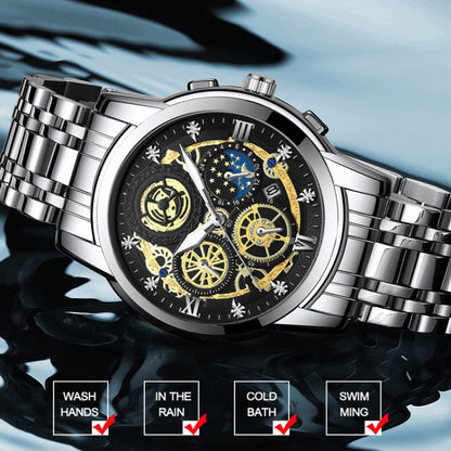 BINBOND 4010 Multifunctional Waterproof Hollowed Luminous Quartz Watch(Inter-gold Black Surface) - free shipping - PMC Jewellery - Order now!