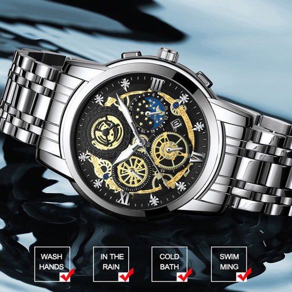 BINBOND 4010 Multifunctional Water-resistant Hollowed Luminous Quartz Watch(Inter-gold Black Surface)