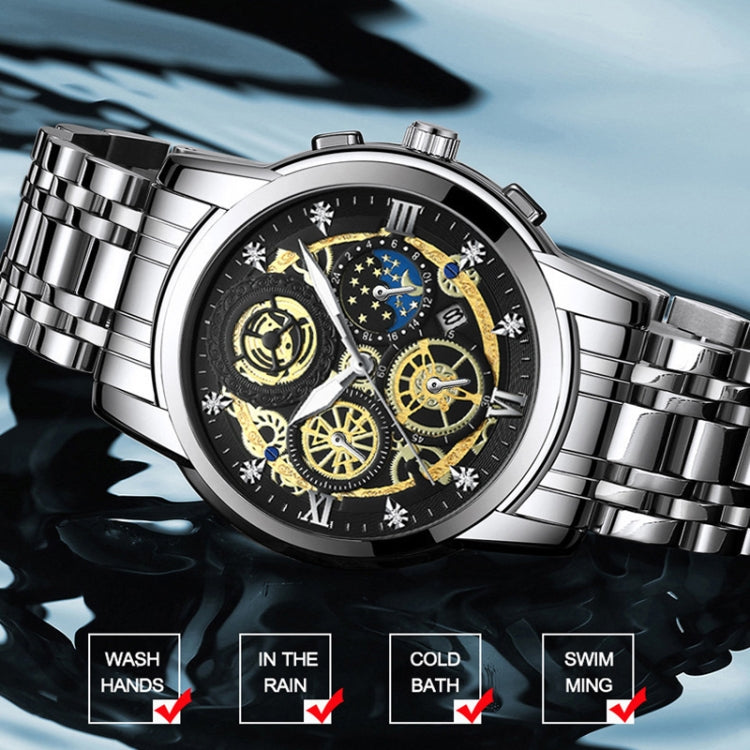 BINBOND 4010 Multifunctional Water-resistant Hollowed Luminous Quartz Watch(Inter-gold Black Surface)