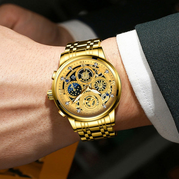 BINBOND 4010 Multifunctional Water-resistant Hollowed Luminous Quartz Watch(Inter-gold Black Surface)