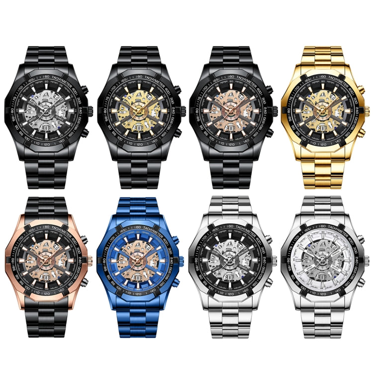 BINBOND S033 Hollowed Mechanical 30m Water-resistant Luminous Quartz Watch, Color: Black Steel-Black-Gold